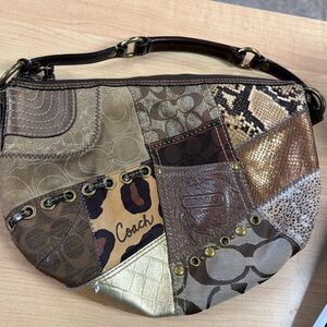 Coach Patchwork Leather & Fabric Shoulder Bag in Mixed Browns and Metallics